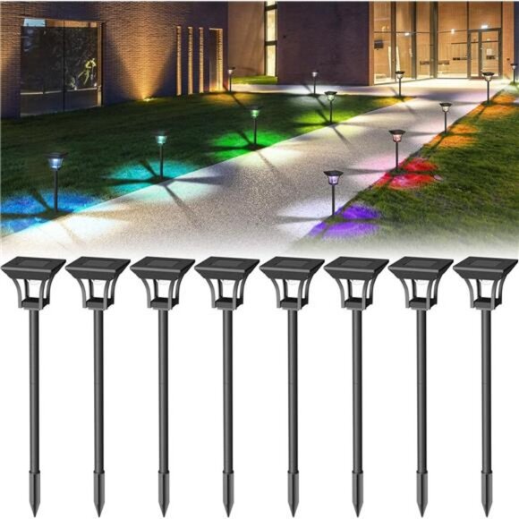 8 Pack RGBCW Solar Pathway Outdoor Lights 3 Lighting Modes Solar LED - Picture 1 of 7